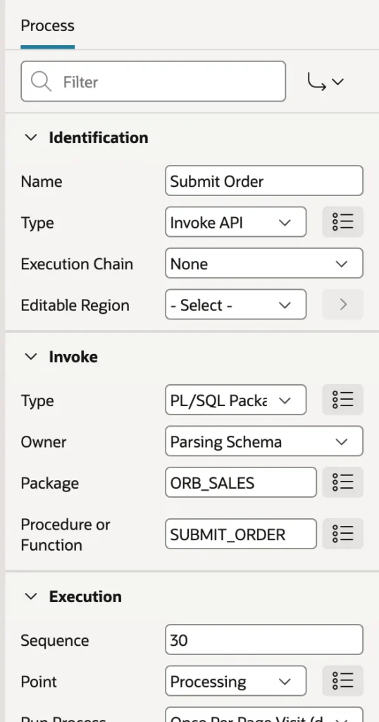An Invoke API process calling a PL/SQL package procedure in Oracle APEX