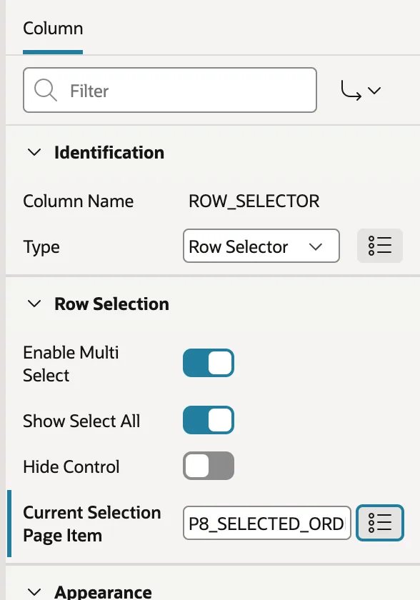Pointing a row selector at a page item in Oracle APEX