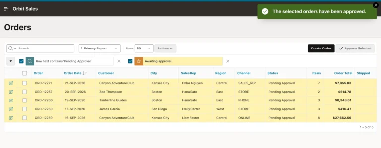 A success message after approving selected records in Oracle APEX
