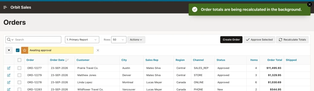 A success message confirming background work was queued in Oracle APEX