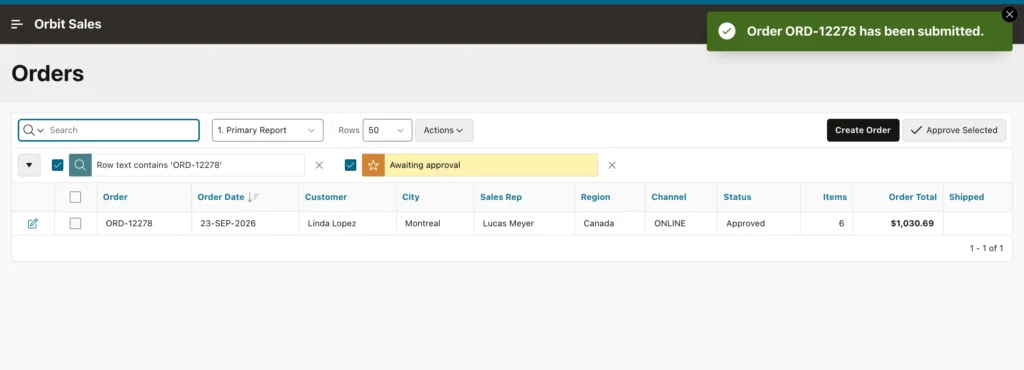 A success message after invoking an API in Oracle APEX