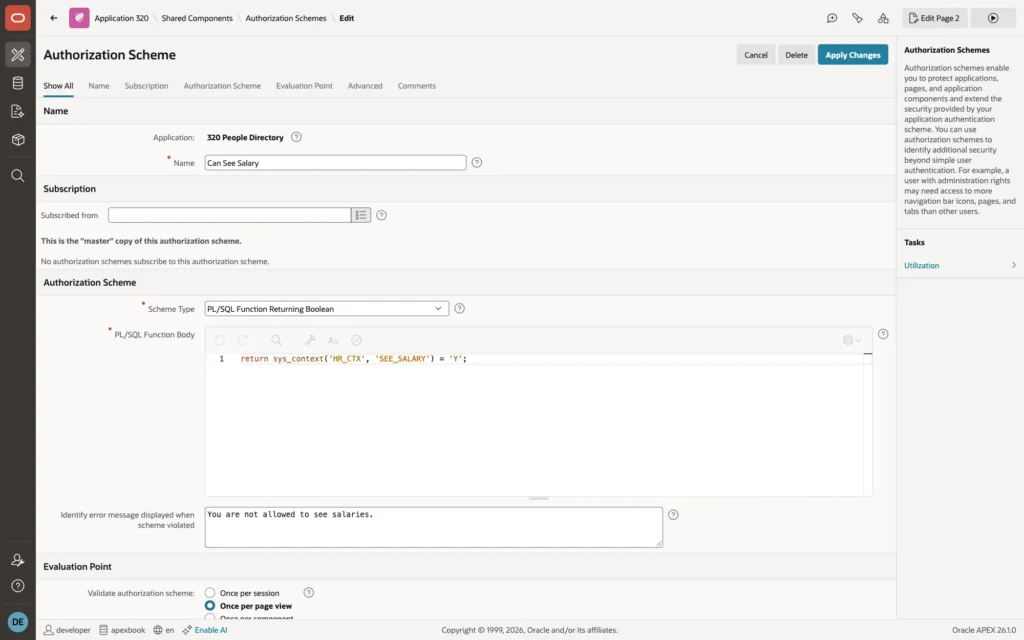 Authorization scheme Can See Salary with a PL/SQL function returning sys_context HR_CTX SEE_SALARY equals Y