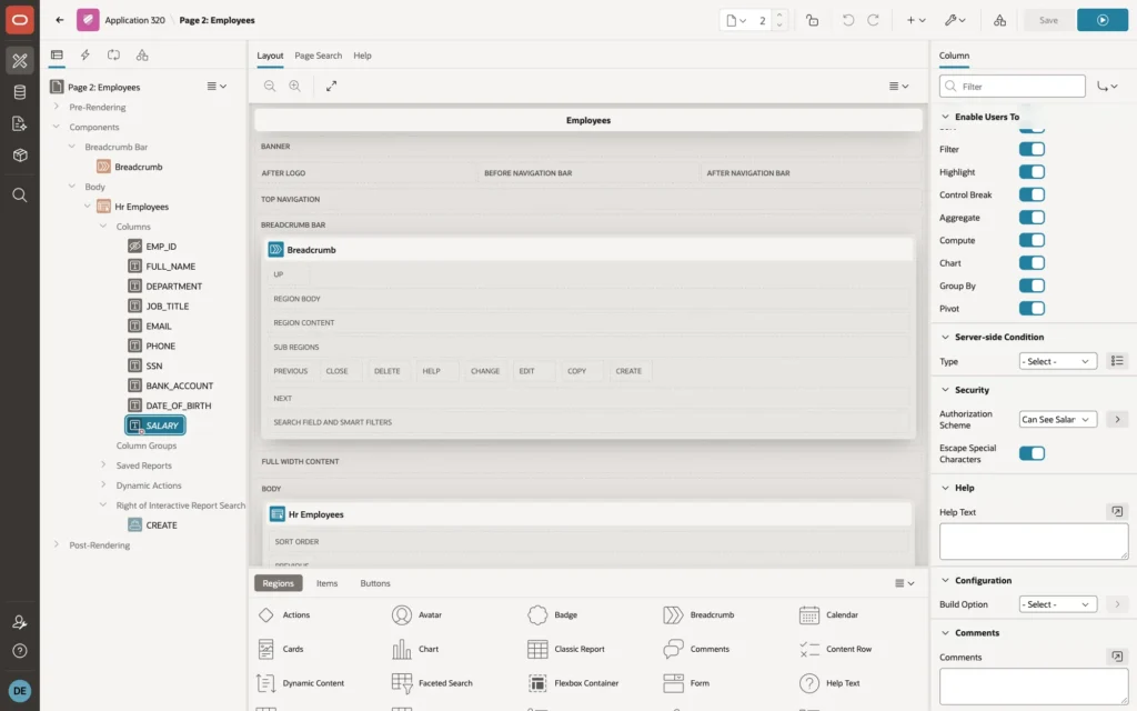 Page Designer with the SALARY column selected and Authorization Scheme set to Can See Salary