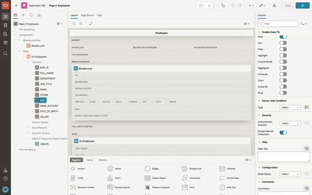 Page Designer with the SSN column selected and Enable Users To options turned off except Hide