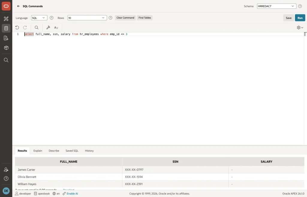 SQL Commands in SQL Workshop showing masked SSNs and empty salaries