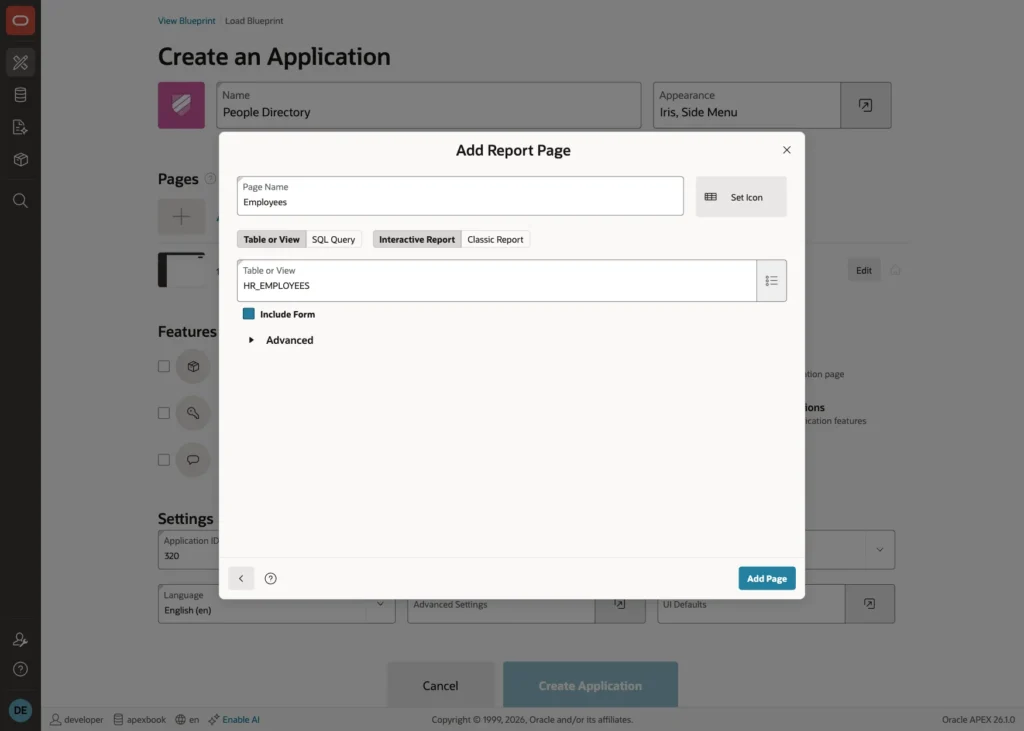 Add Report Page dialog with the table HR_EMPLOYEES and Include Form turned on
