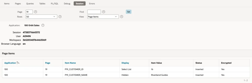 Viewing session state values for a page in Oracle APEX