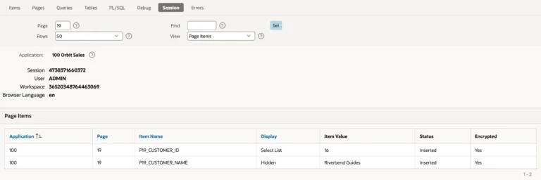 Viewing session state values for a page in Oracle APEX
