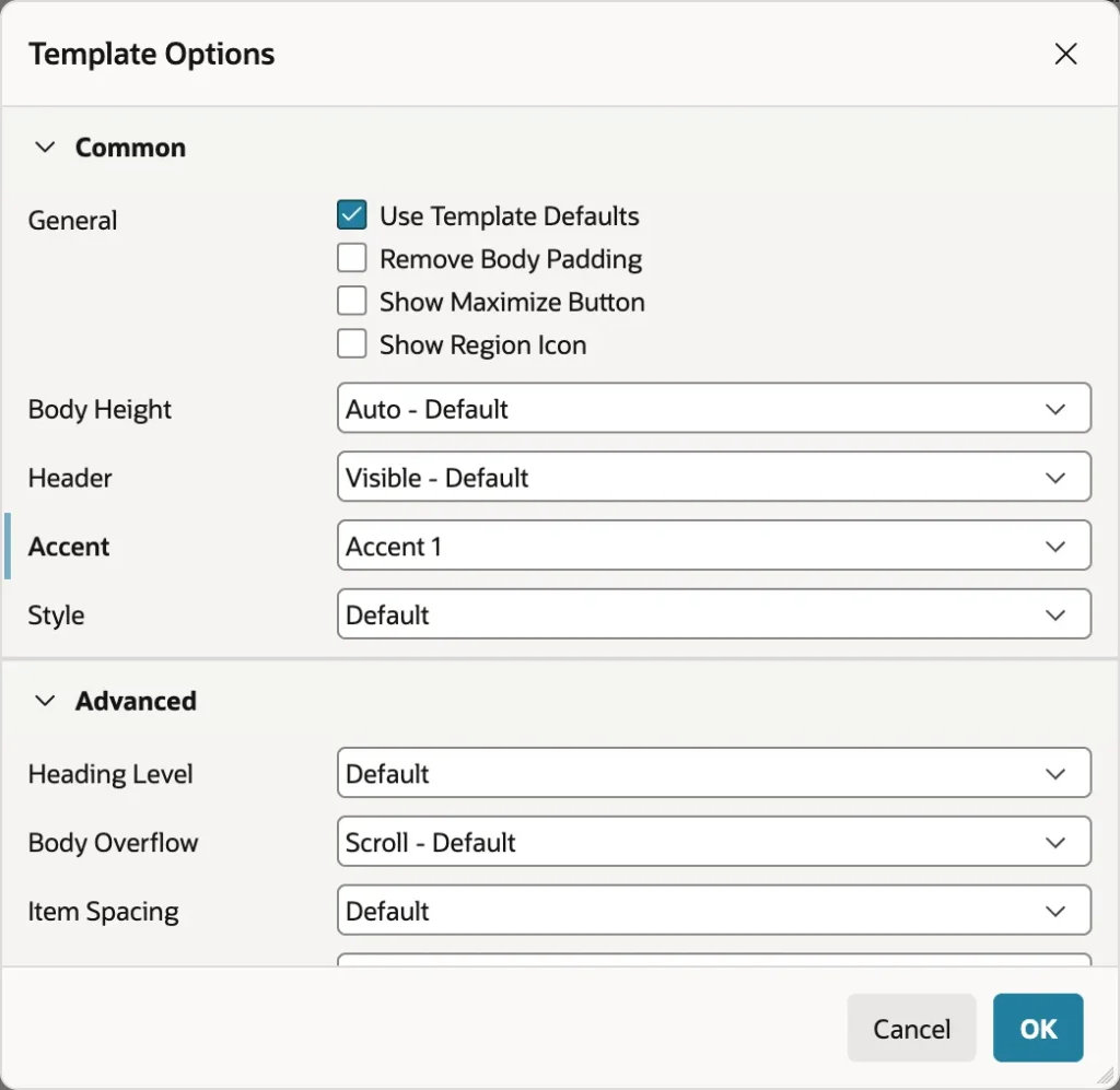 The template options dialog of a region in Oracle APEX