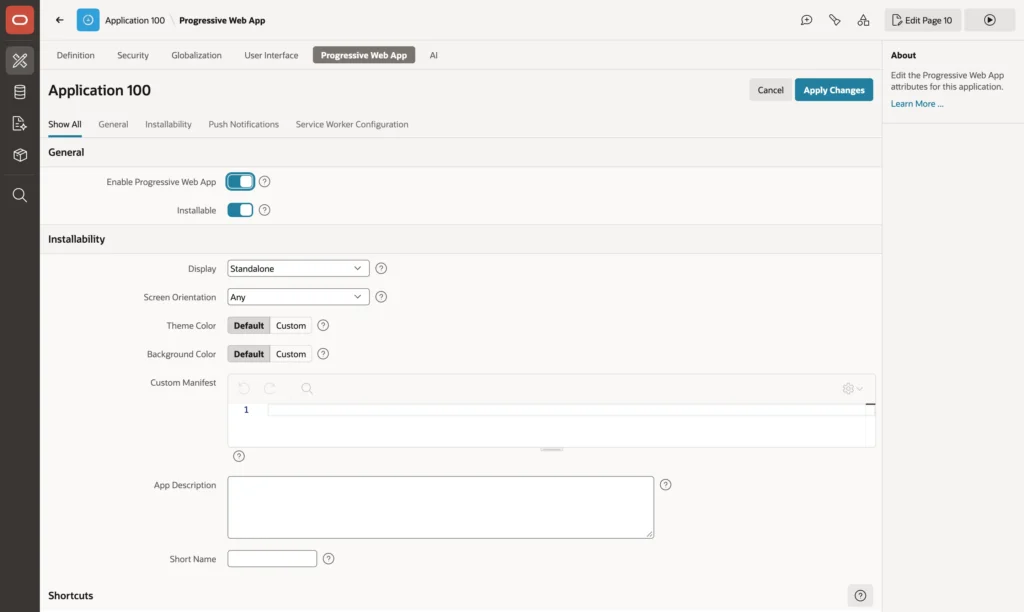 Progressive Web App settings in Oracle APEX