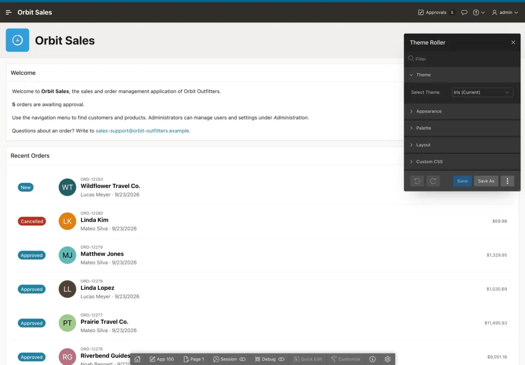 Theme Roller open on a running Oracle APEX page