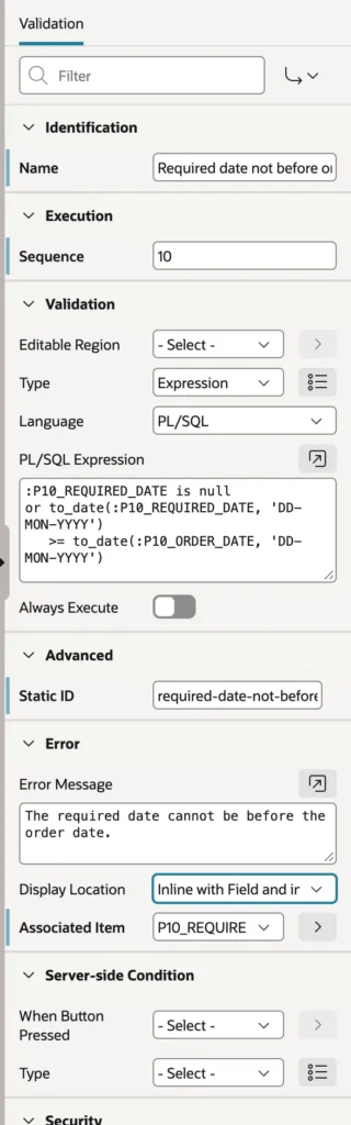An expression validation in Oracle APEX