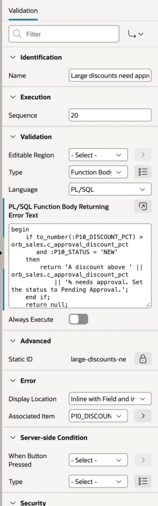 A function body validation returning error text in Oracle APEX