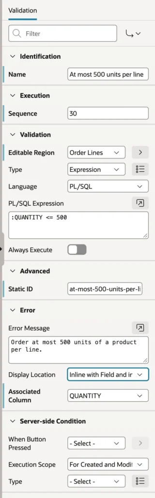 A validation for interactive grid rows in Oracle APEX