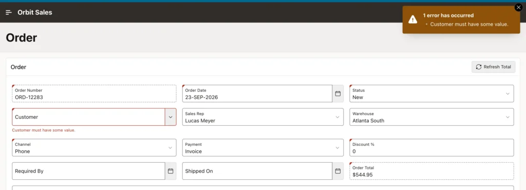A required value error on an Oracle APEX form