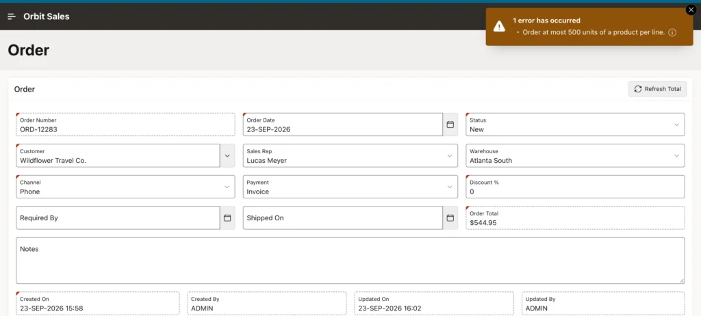 A failed validation marked on an interactive grid cell in Oracle APEX