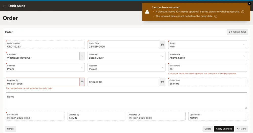 Two validation errors shown on an Oracle APEX page