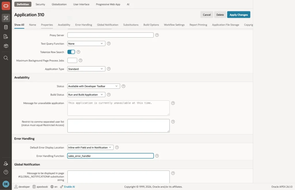 Application Definition page with sales_error_handler in the Error Handling Function field