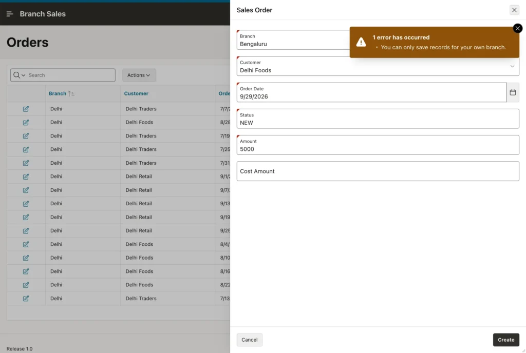 Sales Order form with Branch Bengaluru and the error message You can only save records for your own branch