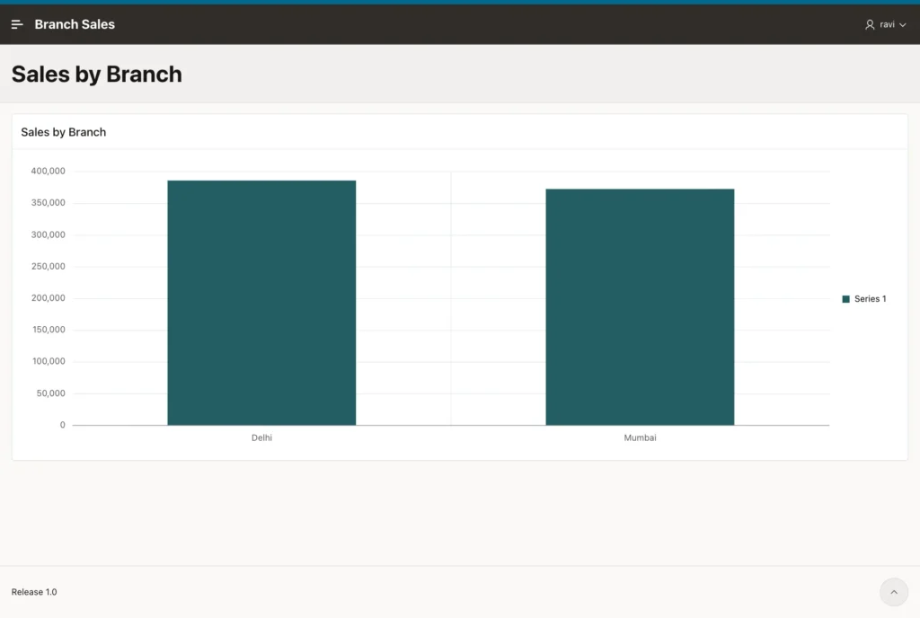 Sales by Branch chart signed in as ravi with bars for Delhi and Mumbai