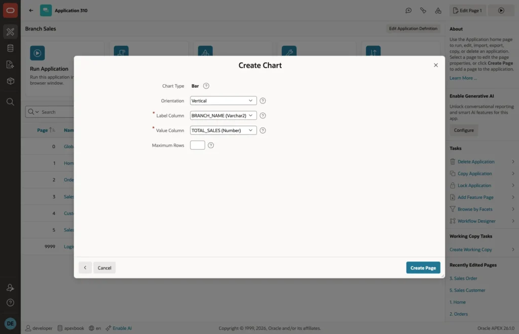 Create Chart wizard with BRANCH_NAME as label column and TOTAL_SALES as value column
