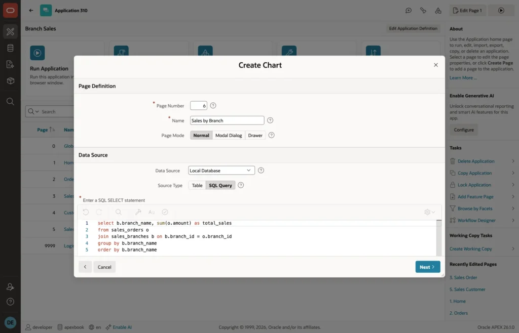 Create Chart wizard with the SQL query for sales by branch