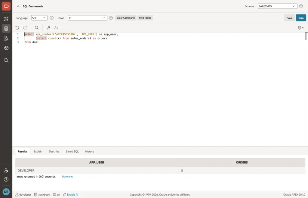 SQL Commands in SQL Workshop showing APP_USER DEVELOPER and 0 orders
