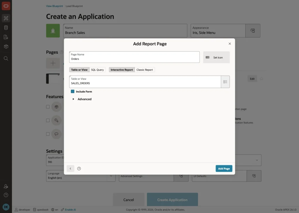 Add Report Page dialog of the Create App wizard with the table SALES_ORDERS and Include Form turned on