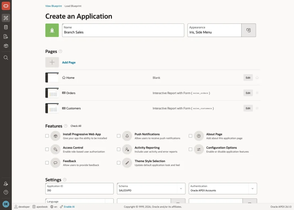 Create an Application page listing the Home, Orders, and Customers pages