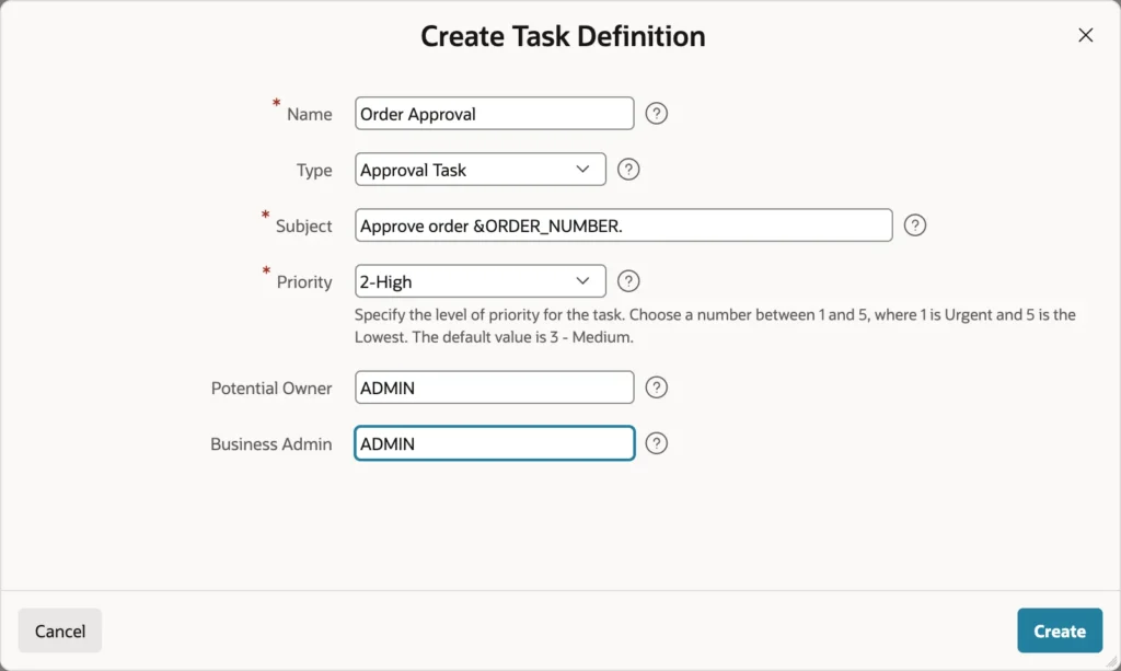 Creating a task definition in Oracle APEX
