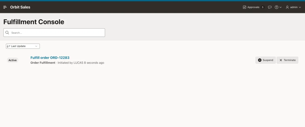 The Workflow Console listing active instances in Oracle APEX