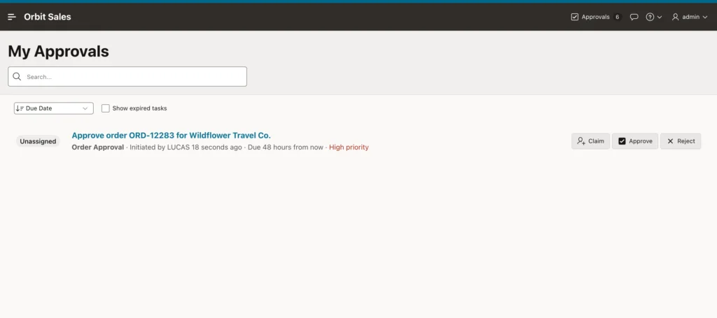 A task waiting in the Unified Task List in Oracle APEX