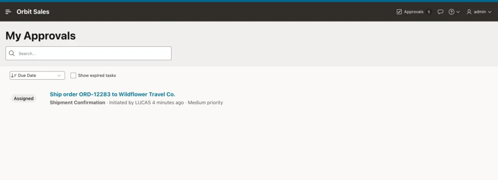 A shipment action task in the Oracle APEX task list