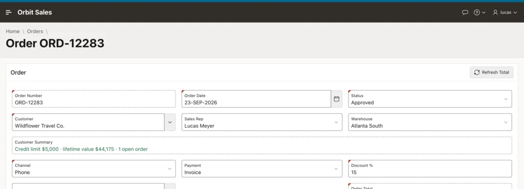 A Start Fulfillment button on an approved order in Oracle APEX