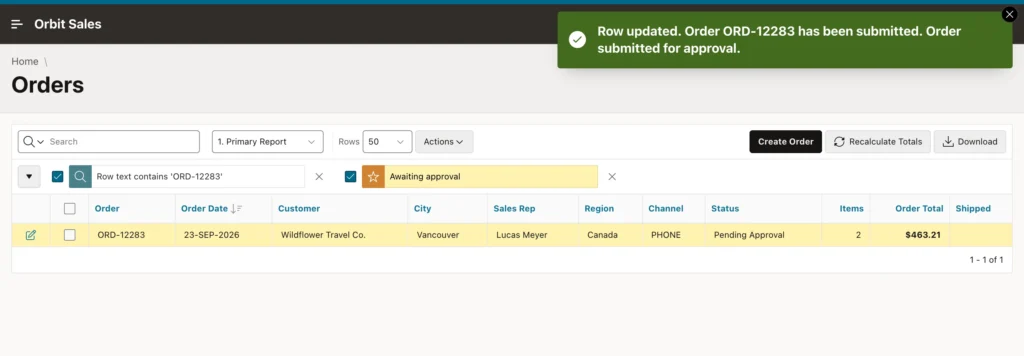 Messages confirming an order was submitted for approval in Oracle APEX