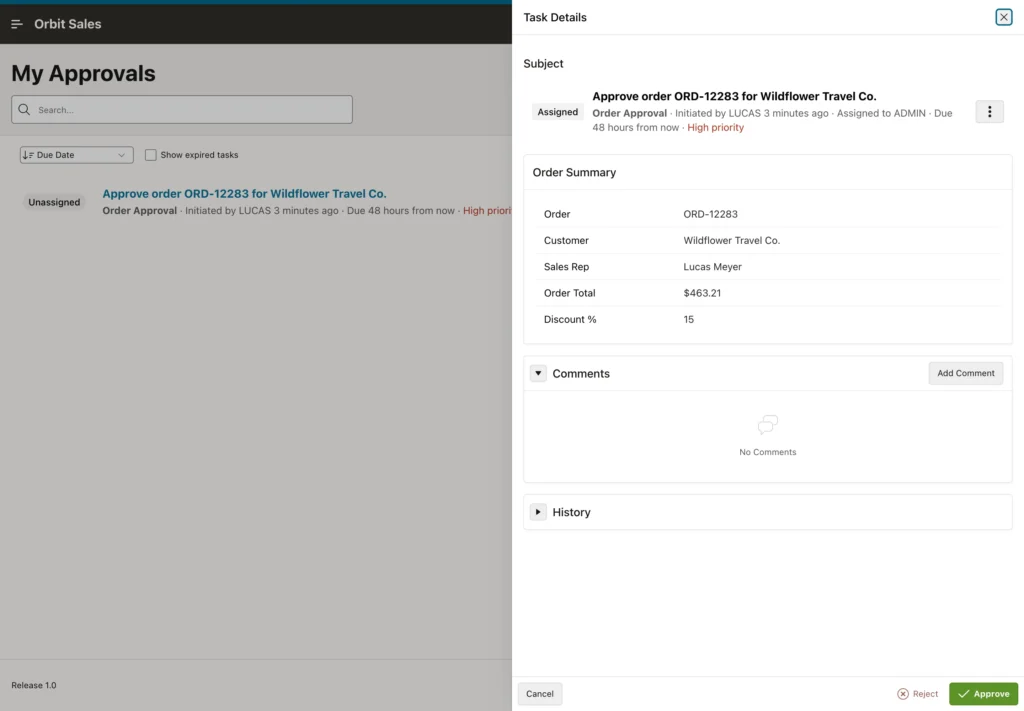 A claimed approval task with order details in Oracle APEX