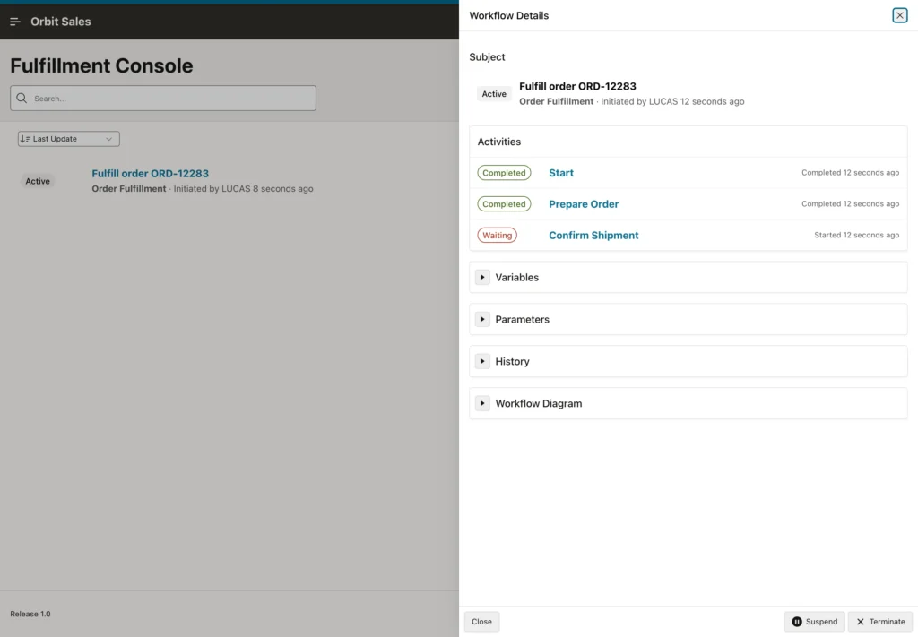 The details of a running workflow instance in Oracle APEX