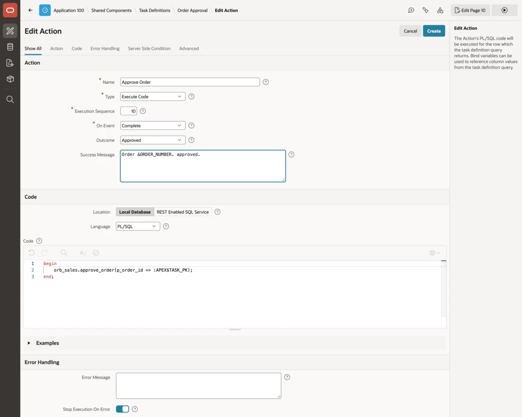 An action of a task definition in Oracle APEX