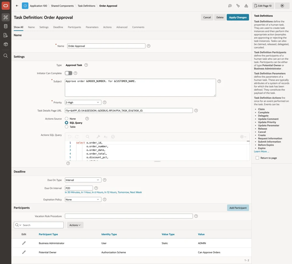 A task definition and its settings in Oracle APEX