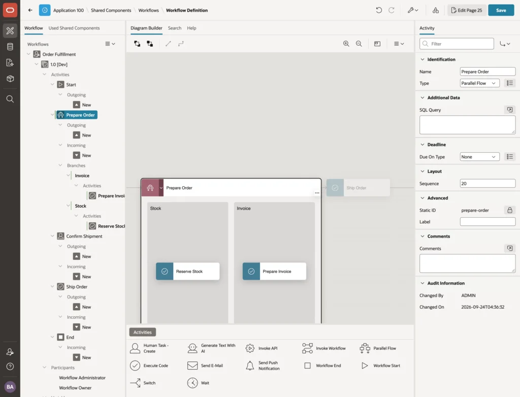 An expanded parallel flow with two branches in Oracle APEX