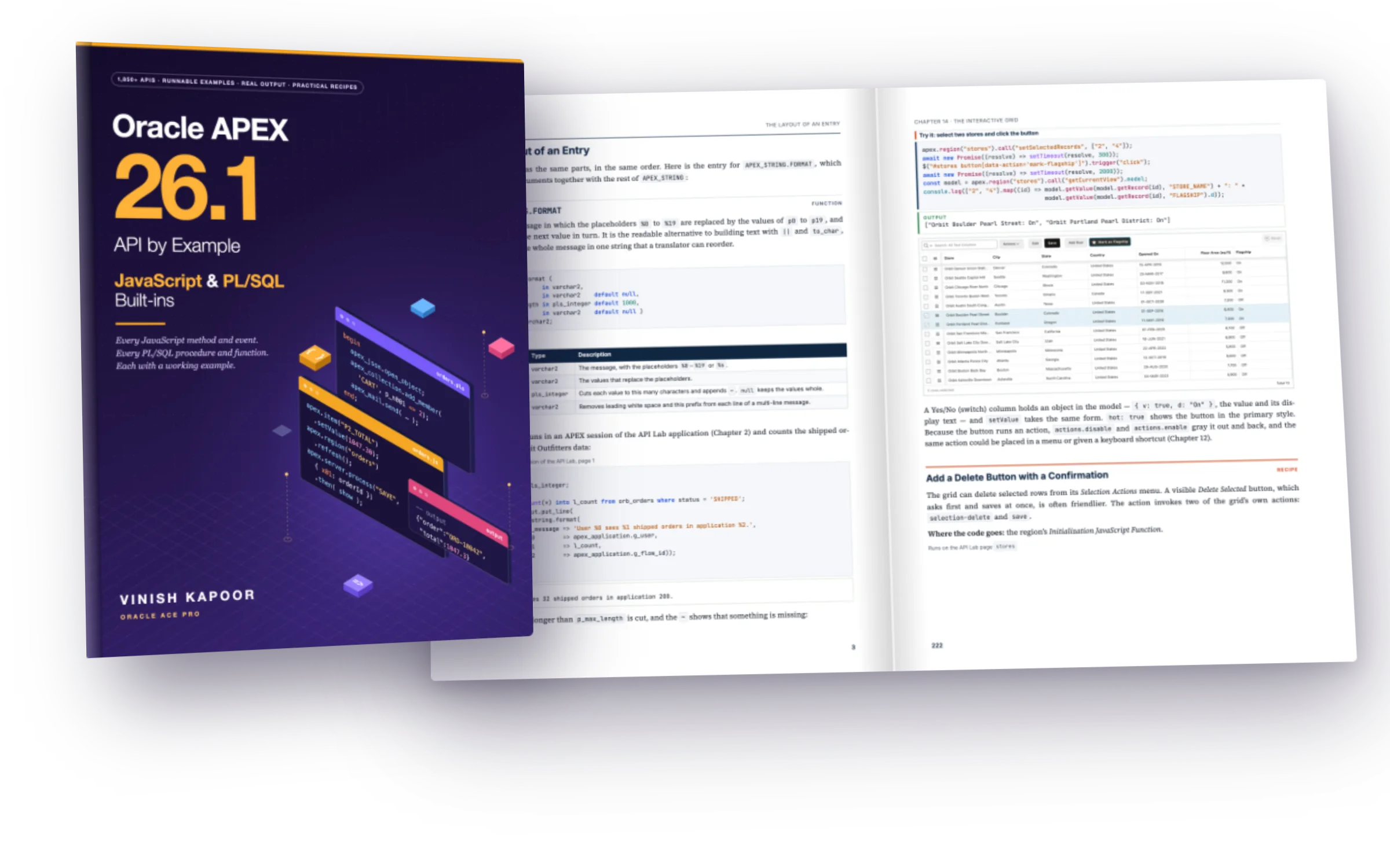 The book Oracle APEX 26.1 API by Example, in front of an open spread with the layout of an entry and an interactive grid recipe