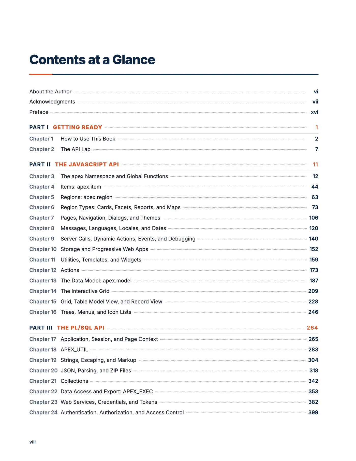 Contents at a Glance page of Oracle APEX 26.1 API by Example