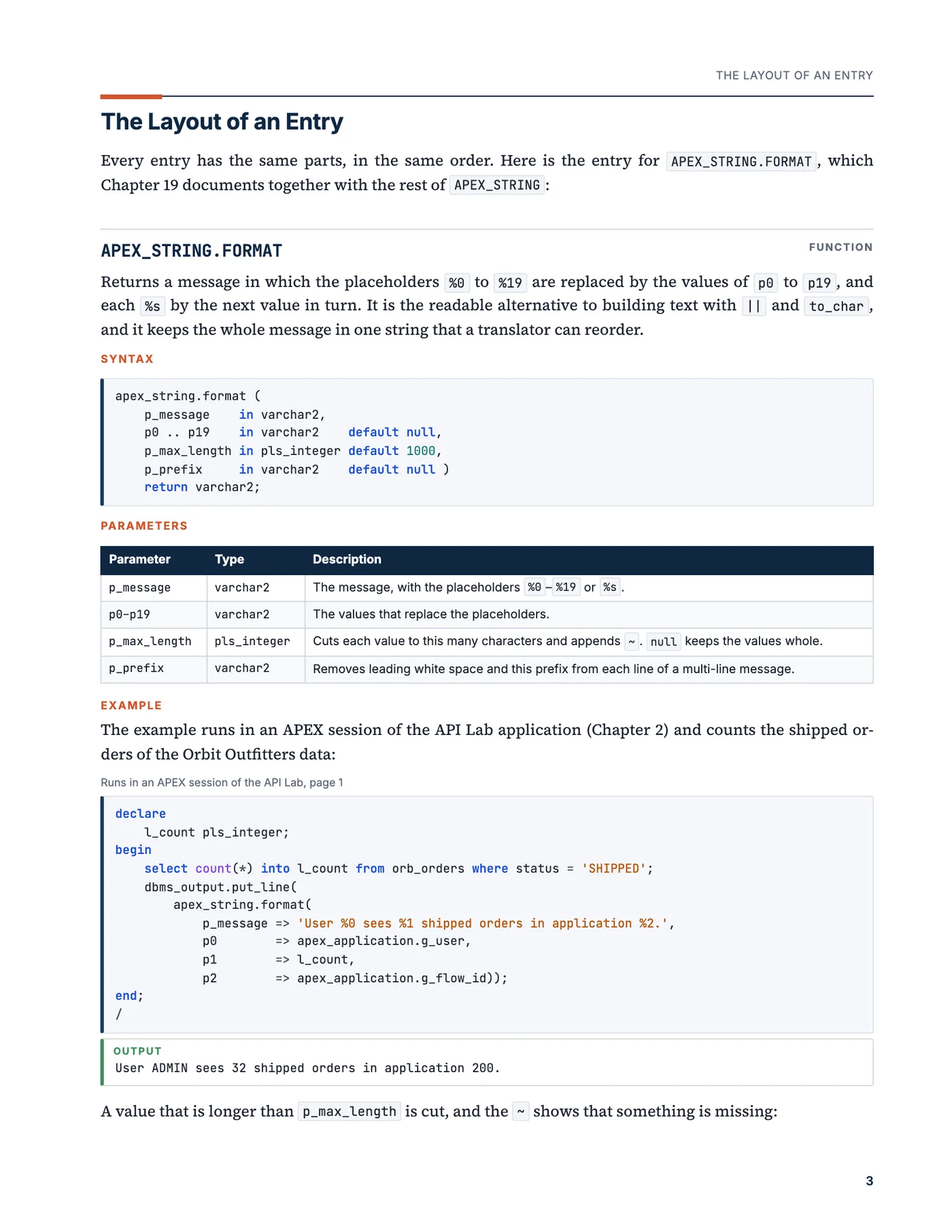 A page of chapter 1 with the entry for APEX_STRING.FORMAT