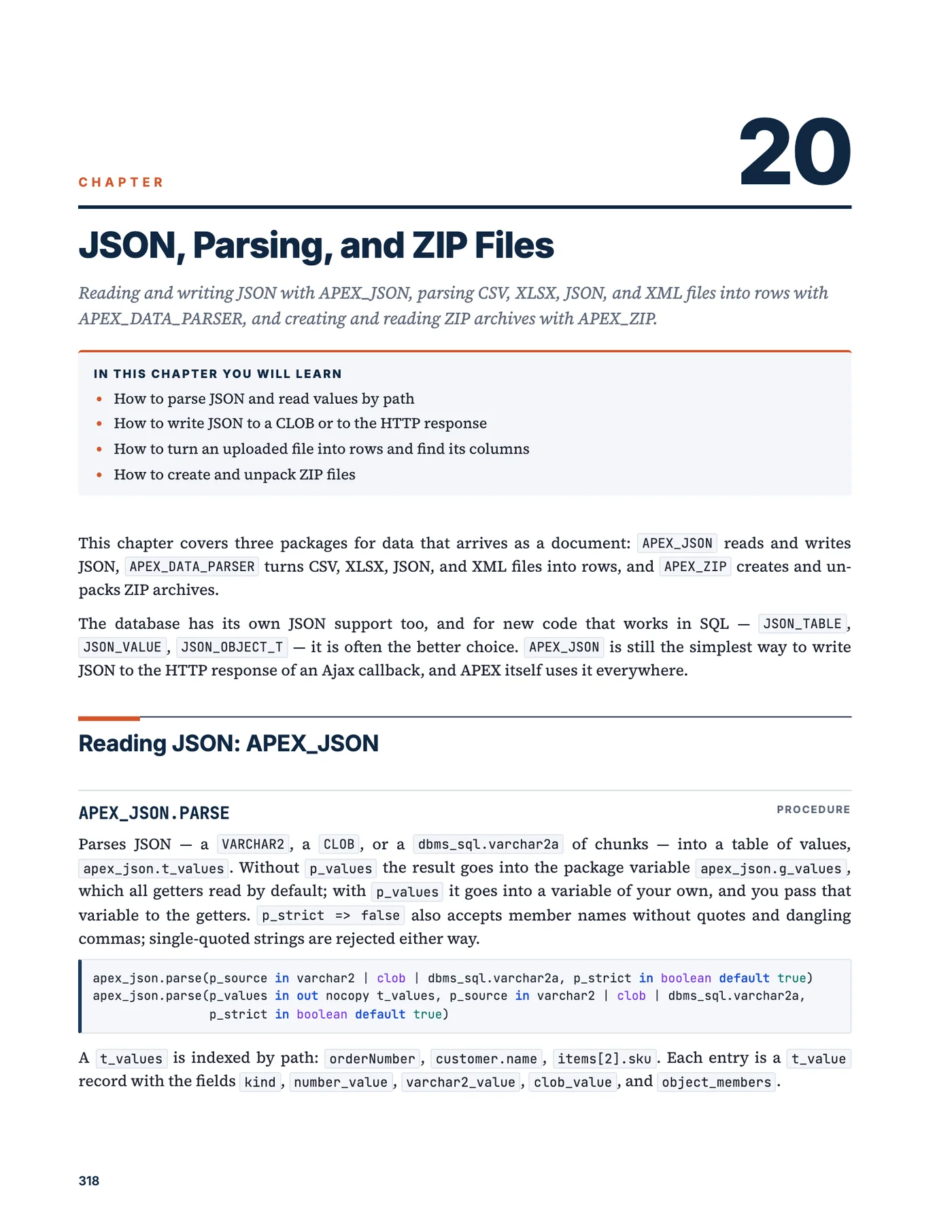 The first page of chapter 20, JSON, Parsing, and ZIP Files