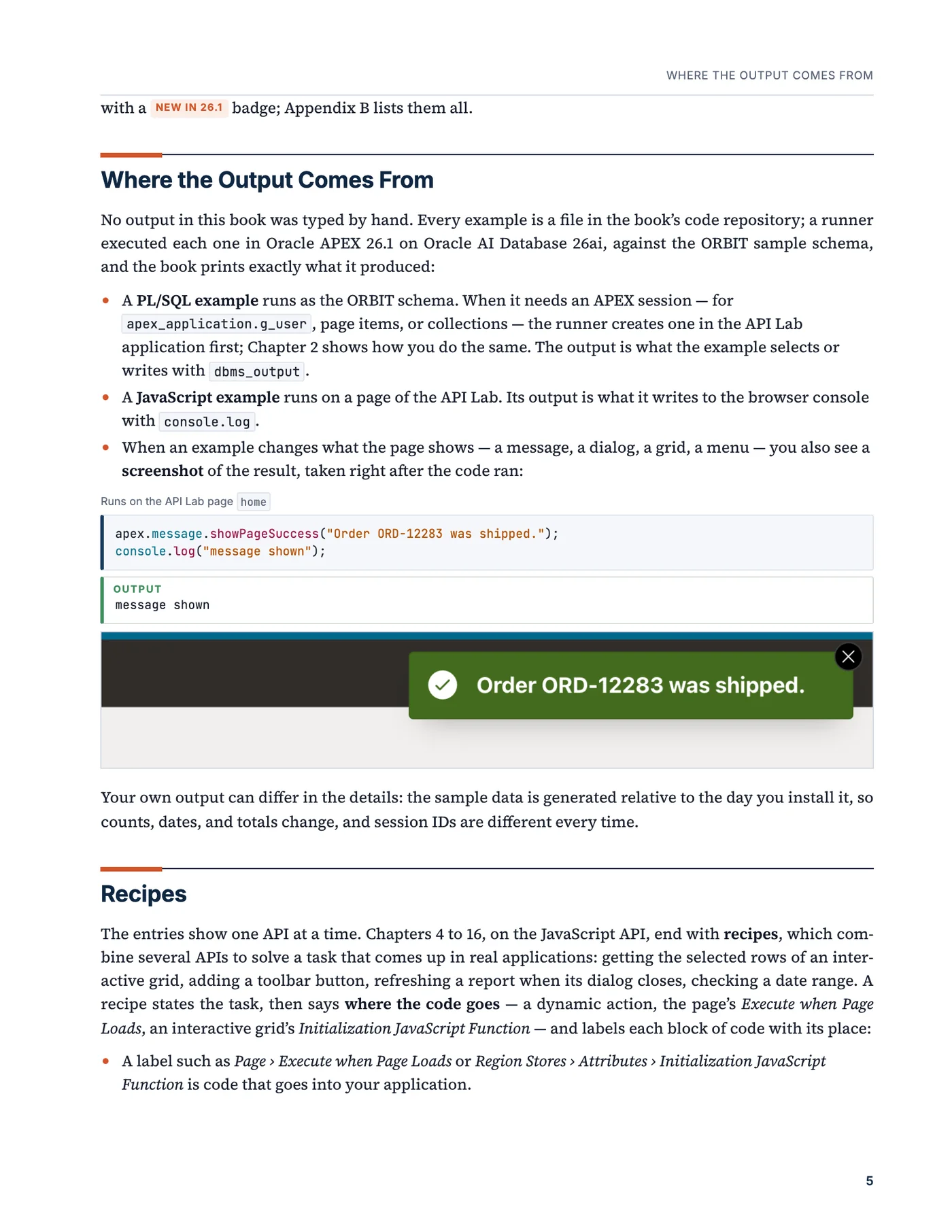 A page with an example, its output, and a screenshot of a success message