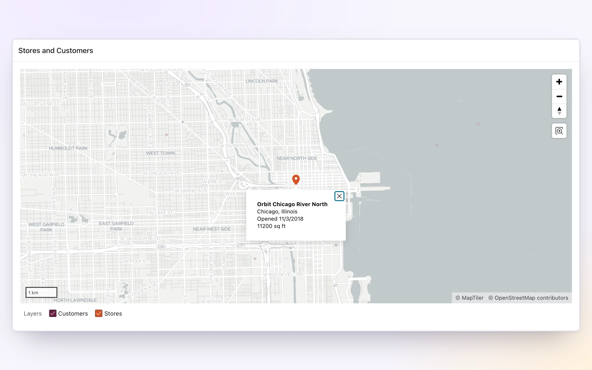 A map of Chicago with the info window of a store