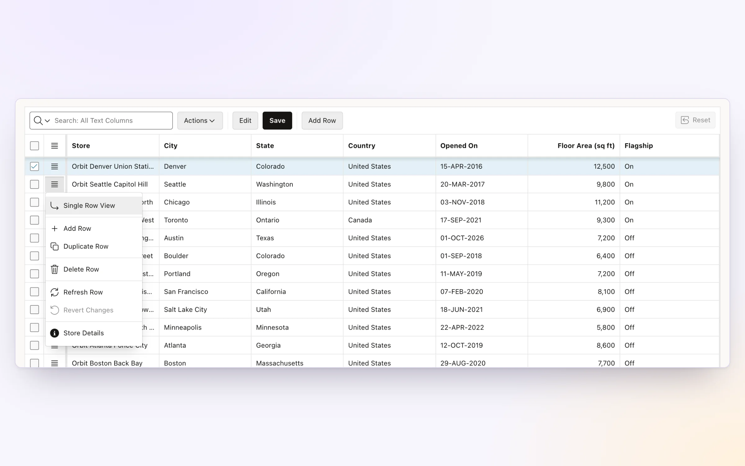 The row actions menu of an interactive grid with a Store Details entry