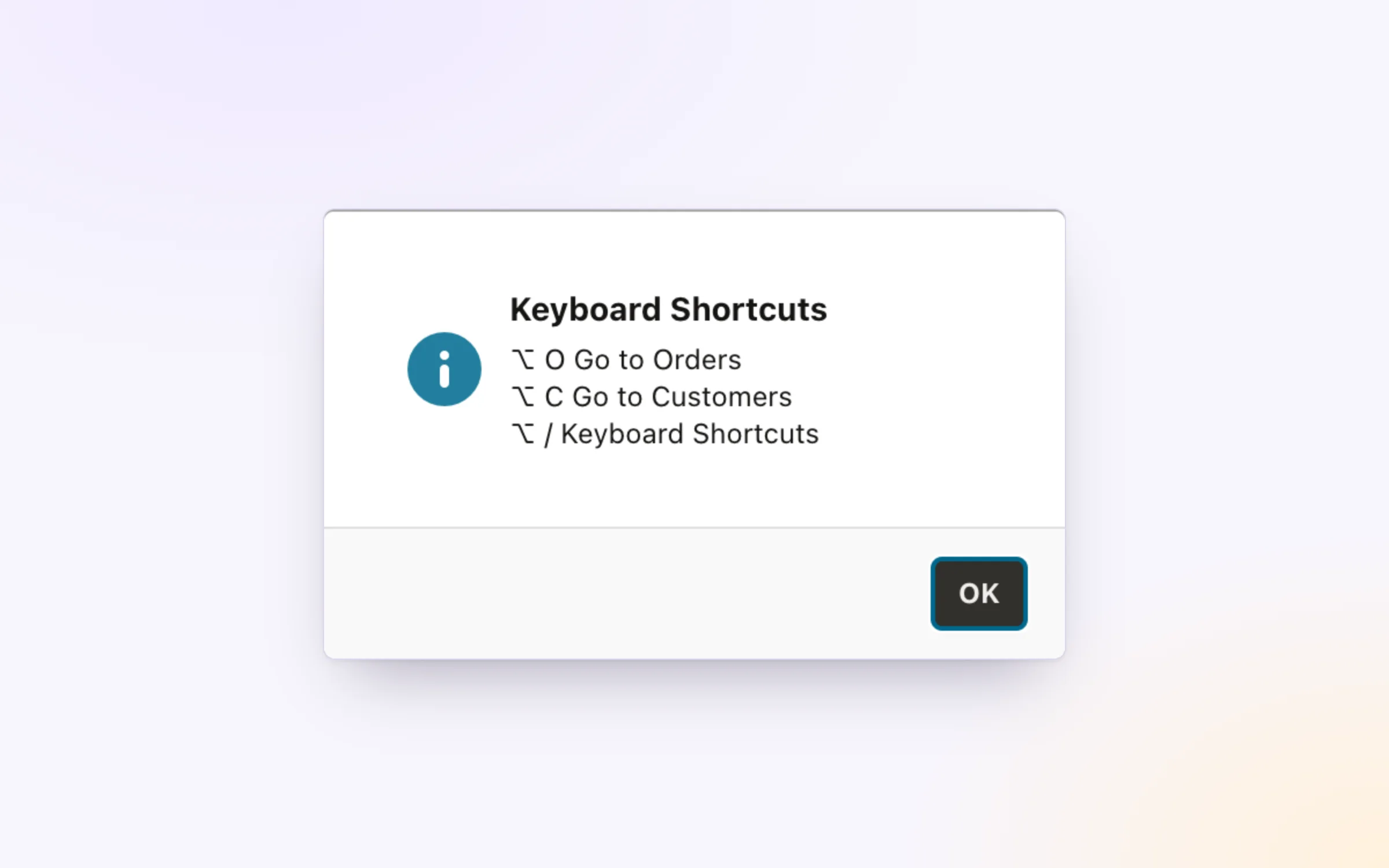A dialog listing the keyboard shortcuts of a page