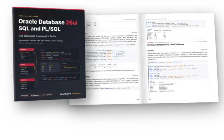 The book Oracle Database 26ai SQL and PL/SQL in front of two facing pages of Chapter 22