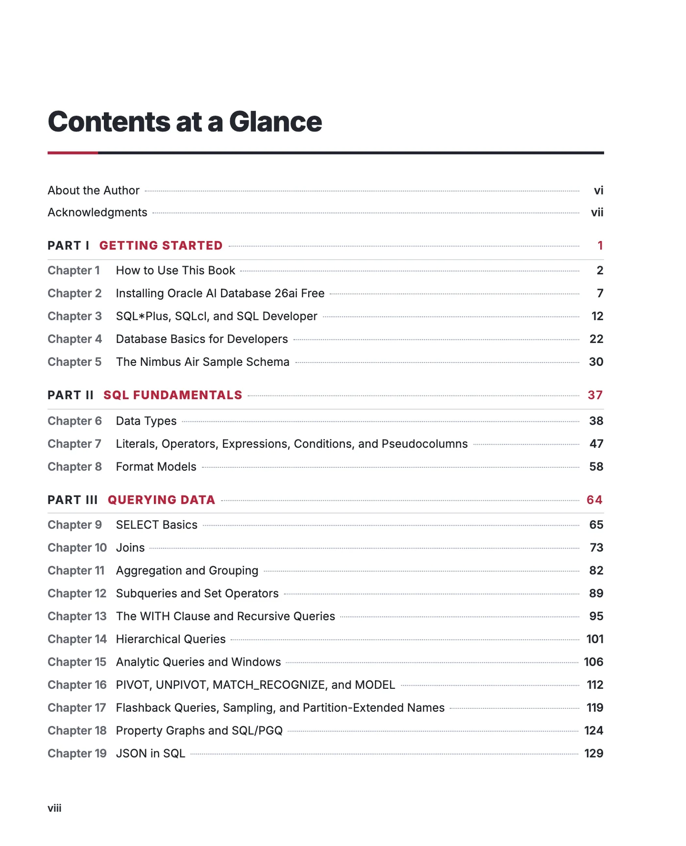 Contents at a Glance page of Oracle Database 26ai SQL and PL/SQL
